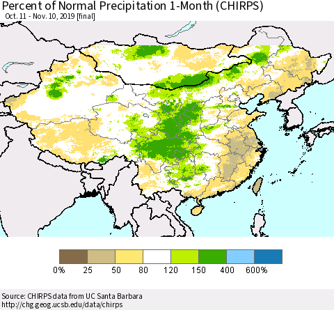 China and Taiwan Percent of Normal Precipitation 1-Month (CHIRPS) Thematic Map For 10/11/2019 - 11/10/2019