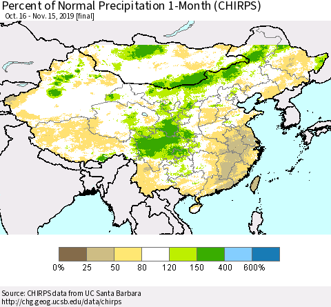China and Taiwan Percent of Normal Precipitation 1-Month (CHIRPS) Thematic Map For 10/16/2019 - 11/15/2019