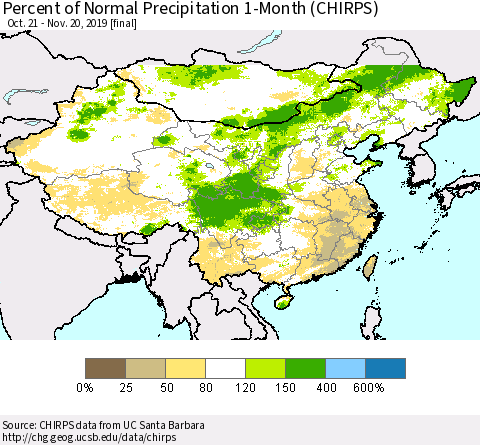 China, Mongolia and Taiwan Percent of Normal Precipitation 1-Month (CHIRPS) Thematic Map For 10/21/2019 - 11/20/2019