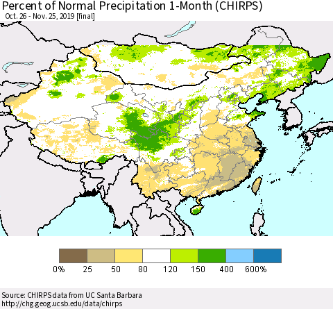 China and Taiwan Percent of Normal Precipitation 1-Month (CHIRPS) Thematic Map For 10/26/2019 - 11/25/2019