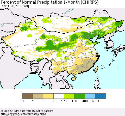 China, Mongolia and Taiwan Percent of Normal Precipitation 1-Month (CHIRPS) Thematic Map For 11/1/2019 - 11/30/2019