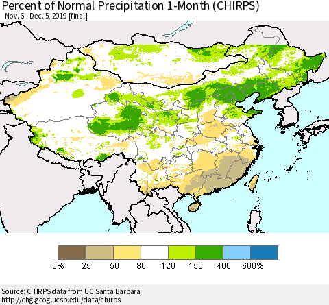 China, Mongolia and Taiwan Percent of Normal Precipitation 1-Month (CHIRPS) Thematic Map For 11/6/2019 - 12/5/2019