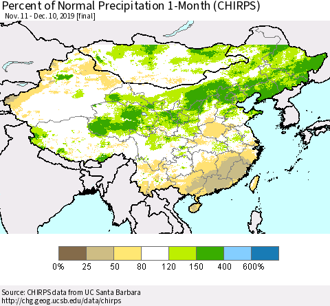 China, Mongolia and Taiwan Percent of Normal Precipitation 1-Month (CHIRPS) Thematic Map For 11/11/2019 - 12/10/2019