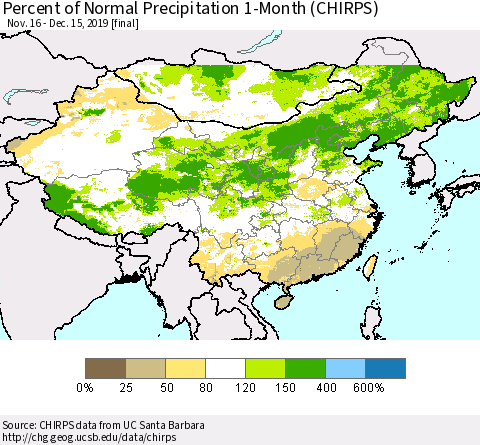 China, Mongolia and Taiwan Percent of Normal Precipitation 1-Month (CHIRPS) Thematic Map For 11/16/2019 - 12/15/2019
