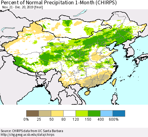 China, Mongolia and Taiwan Percent of Normal Precipitation 1-Month (CHIRPS) Thematic Map For 11/21/2019 - 12/20/2019