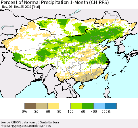 China, Mongolia and Taiwan Percent of Normal Precipitation 1-Month (CHIRPS) Thematic Map For 11/26/2019 - 12/25/2019