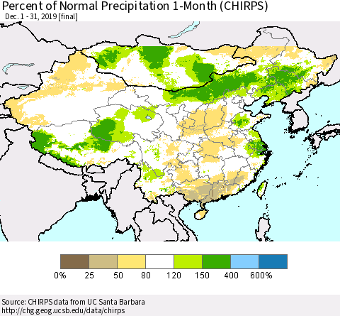 China, Mongolia and Taiwan Percent of Normal Precipitation 1-Month (CHIRPS) Thematic Map For 12/1/2019 - 12/31/2019