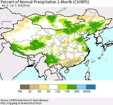 China, Mongolia and Taiwan Percent of Normal Precipitation 1-Month (CHIRPS) Thematic Map For 12/6/2019 - 1/5/2020