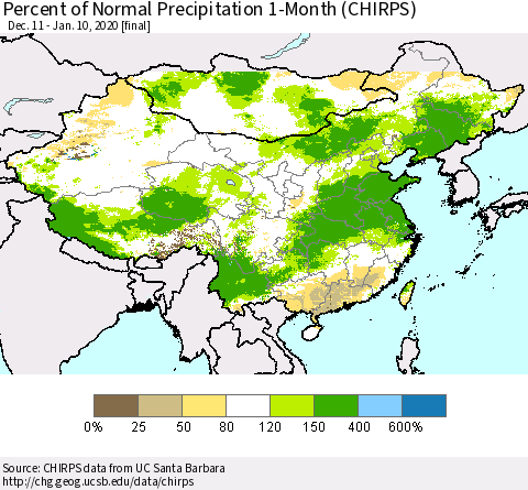 China, Mongolia and Taiwan Percent of Normal Precipitation 1-Month (CHIRPS) Thematic Map For 12/11/2019 - 1/10/2020