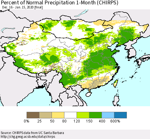 China, Mongolia and Taiwan Percent of Normal Precipitation 1-Month (CHIRPS) Thematic Map For 12/16/2019 - 1/15/2020