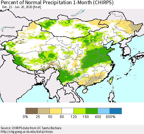 China, Mongolia and Taiwan Percent of Normal Precipitation 1-Month (CHIRPS) Thematic Map For 12/21/2019 - 1/20/2020