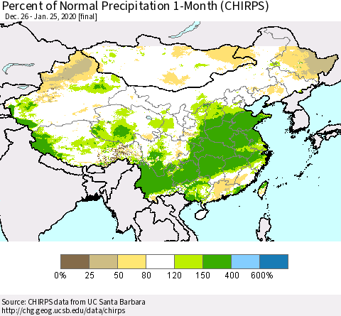 China, Mongolia and Taiwan Percent of Normal Precipitation 1-Month (CHIRPS) Thematic Map For 12/26/2019 - 1/25/2020