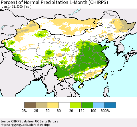 China, Mongolia and Taiwan Percent of Normal Precipitation 1-Month (CHIRPS) Thematic Map For 1/1/2020 - 1/31/2020