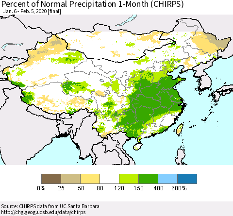 China, Mongolia and Taiwan Percent of Normal Precipitation 1-Month (CHIRPS) Thematic Map For 1/6/2020 - 2/5/2020