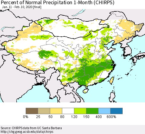 China, Mongolia and Taiwan Percent of Normal Precipitation 1-Month (CHIRPS) Thematic Map For 1/11/2020 - 2/10/2020