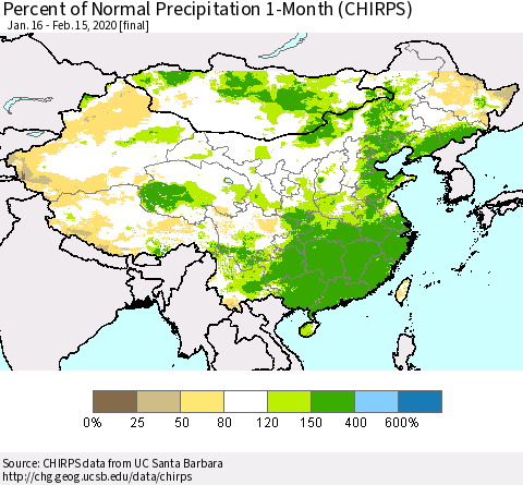 China, Mongolia and Taiwan Percent of Normal Precipitation 1-Month (CHIRPS) Thematic Map For 1/16/2020 - 2/15/2020