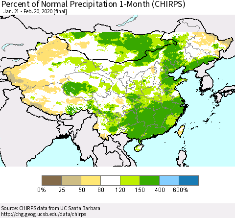 China, Mongolia and Taiwan Percent of Normal Precipitation 1-Month (CHIRPS) Thematic Map For 1/21/2020 - 2/20/2020