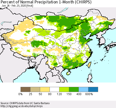 China, Mongolia and Taiwan Percent of Normal Precipitation 1-Month (CHIRPS) Thematic Map For 1/26/2020 - 2/25/2020