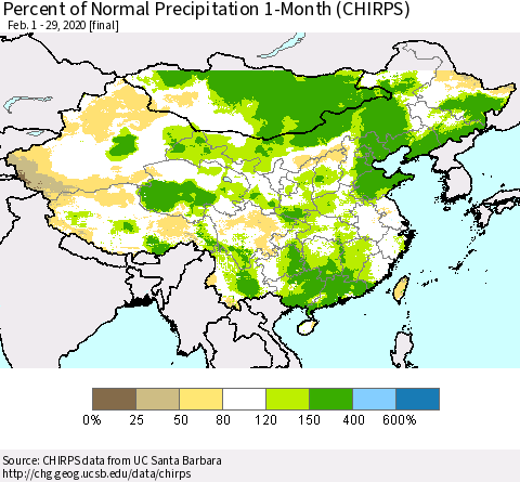 China, Mongolia and Taiwan Percent of Normal Precipitation 1-Month (CHIRPS) Thematic Map For 2/1/2020 - 2/29/2020