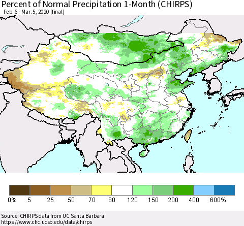 China, Mongolia and Taiwan Percent of Normal Precipitation 1-Month (CHIRPS) Thematic Map For 2/6/2020 - 3/5/2020