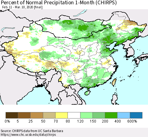 China, Mongolia and Taiwan Percent of Normal Precipitation 1-Month (CHIRPS) Thematic Map For 2/11/2020 - 3/10/2020
