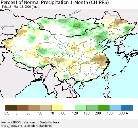 China, Mongolia and Taiwan Percent of Normal Precipitation 1-Month (CHIRPS) Thematic Map For 2/16/2020 - 3/15/2020