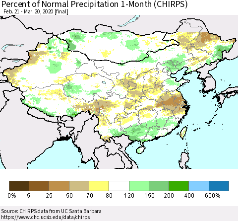 China, Mongolia and Taiwan Percent of Normal Precipitation 1-Month (CHIRPS) Thematic Map For 2/21/2020 - 3/20/2020