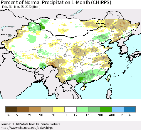 China, Mongolia and Taiwan Percent of Normal Precipitation 1-Month (CHIRPS) Thematic Map For 2/26/2020 - 3/25/2020