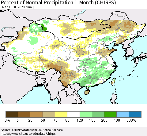 China, Mongolia and Taiwan Percent of Normal Precipitation 1-Month (CHIRPS) Thematic Map For 3/1/2020 - 3/31/2020