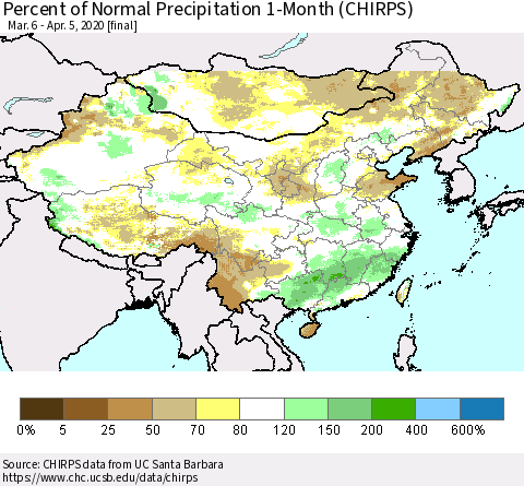 China, Mongolia and Taiwan Percent of Normal Precipitation 1-Month (CHIRPS) Thematic Map For 3/6/2020 - 4/5/2020