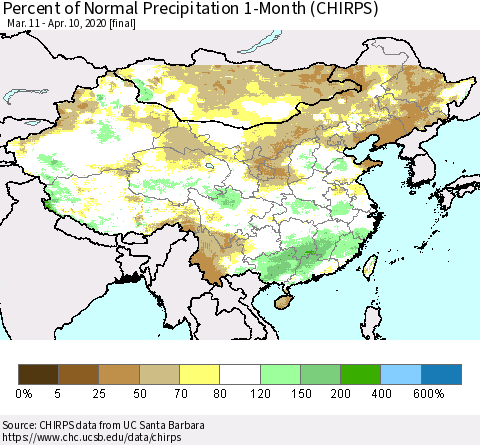 China, Mongolia and Taiwan Percent of Normal Precipitation 1-Month (CHIRPS) Thematic Map For 3/11/2020 - 4/10/2020