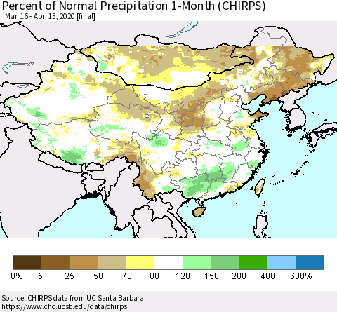 China, Mongolia and Taiwan Percent of Normal Precipitation 1-Month (CHIRPS) Thematic Map For 3/16/2020 - 4/15/2020