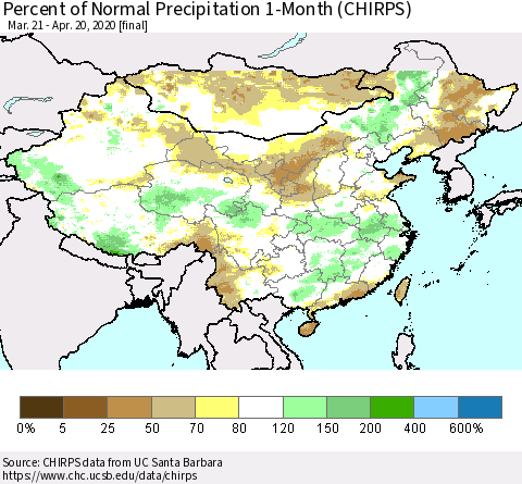 China, Mongolia and Taiwan Percent of Normal Precipitation 1-Month (CHIRPS) Thematic Map For 3/21/2020 - 4/20/2020