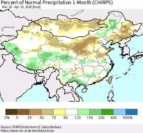 China, Mongolia and Taiwan Percent of Normal Precipitation 1-Month (CHIRPS) Thematic Map For 3/26/2020 - 4/25/2020
