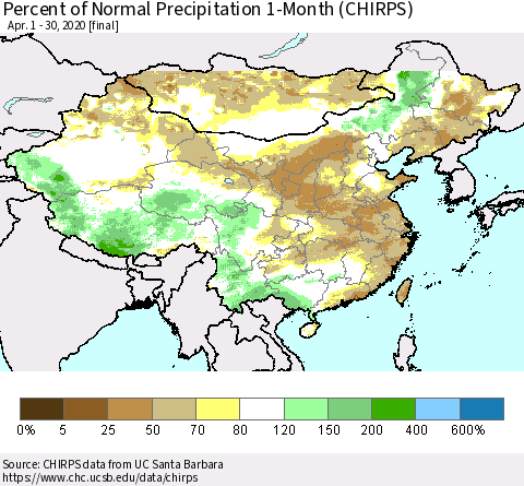 China, Mongolia and Taiwan Percent of Normal Precipitation 1-Month (CHIRPS) Thematic Map For 4/1/2020 - 4/30/2020