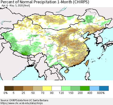 China, Mongolia and Taiwan Percent of Normal Precipitation 1-Month (CHIRPS) Thematic Map For 4/6/2020 - 5/5/2020