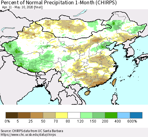 China, Mongolia and Taiwan Percent of Normal Precipitation 1-Month (CHIRPS) Thematic Map For 4/11/2020 - 5/10/2020
