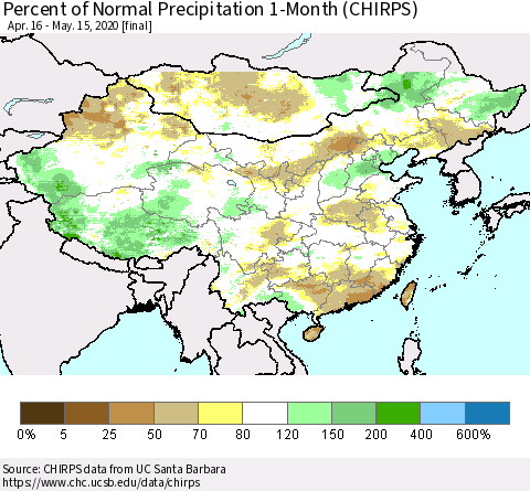 China, Mongolia and Taiwan Percent of Normal Precipitation 1-Month (CHIRPS) Thematic Map For 4/16/2020 - 5/15/2020