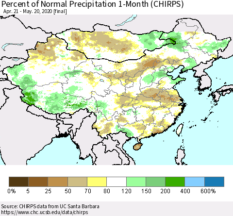 China, Mongolia and Taiwan Percent of Normal Precipitation 1-Month (CHIRPS) Thematic Map For 4/21/2020 - 5/20/2020