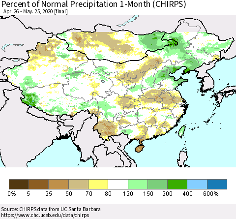 China, Mongolia and Taiwan Percent of Normal Precipitation 1-Month (CHIRPS) Thematic Map For 4/26/2020 - 5/25/2020