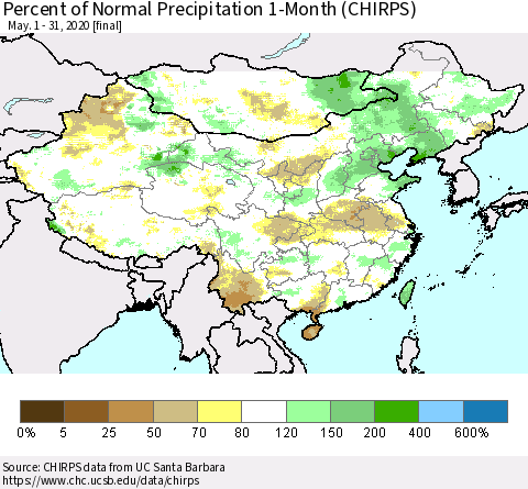China, Mongolia and Taiwan Percent of Normal Precipitation 1-Month (CHIRPS) Thematic Map For 5/1/2020 - 5/31/2020