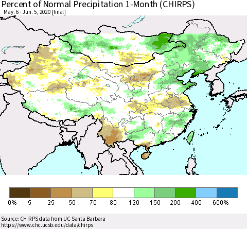 China, Mongolia and Taiwan Percent of Normal Precipitation 1-Month (CHIRPS) Thematic Map For 5/6/2020 - 6/5/2020