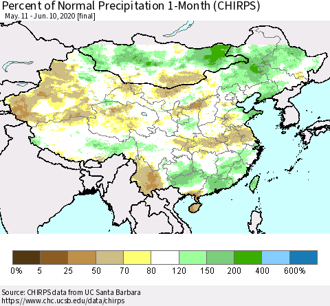 China, Mongolia and Taiwan Percent of Normal Precipitation 1-Month (CHIRPS) Thematic Map For 5/11/2020 - 6/10/2020