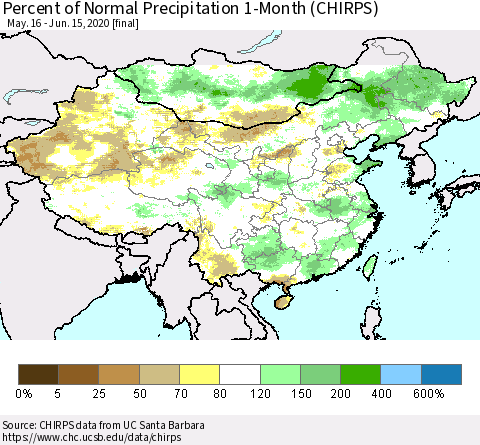 China, Mongolia and Taiwan Percent of Normal Precipitation 1-Month (CHIRPS) Thematic Map For 5/16/2020 - 6/15/2020