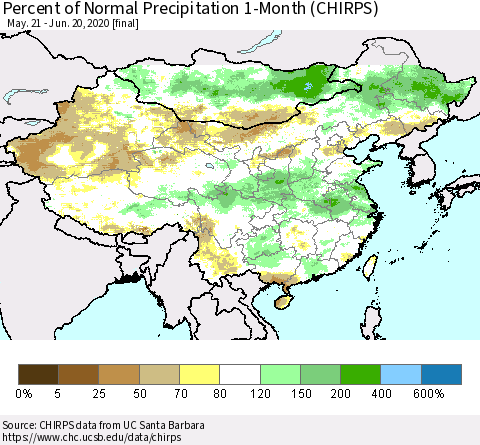 China, Mongolia and Taiwan Percent of Normal Precipitation 1-Month (CHIRPS) Thematic Map For 5/21/2020 - 6/20/2020