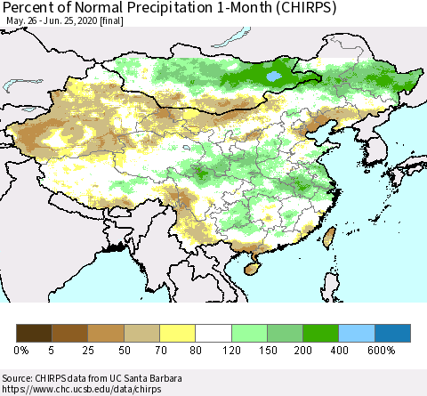 China, Mongolia and Taiwan Percent of Normal Precipitation 1-Month (CHIRPS) Thematic Map For 5/26/2020 - 6/25/2020