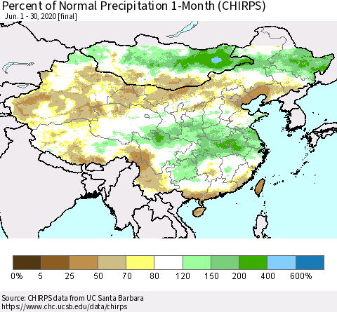 China, Mongolia and Taiwan Percent of Normal Precipitation 1-Month (CHIRPS) Thematic Map For 6/1/2020 - 6/30/2020