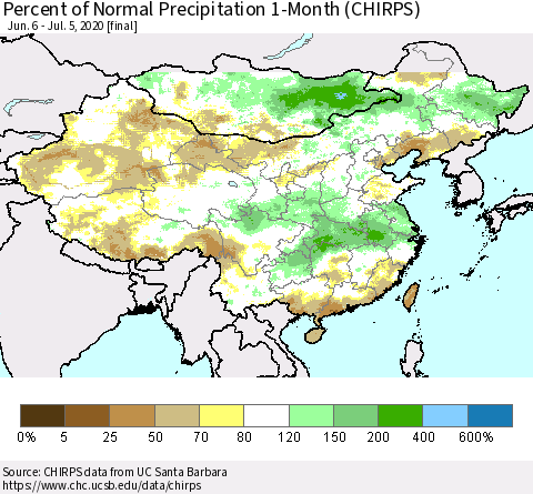 China, Mongolia and Taiwan Percent of Normal Precipitation 1-Month (CHIRPS) Thematic Map For 6/6/2020 - 7/5/2020