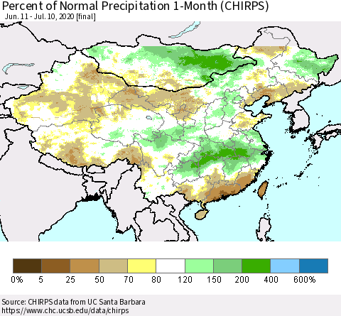 China, Mongolia and Taiwan Percent of Normal Precipitation 1-Month (CHIRPS) Thematic Map For 6/11/2020 - 7/10/2020