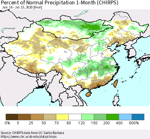 China, Mongolia and Taiwan Percent of Normal Precipitation 1-Month (CHIRPS) Thematic Map For 6/16/2020 - 7/15/2020